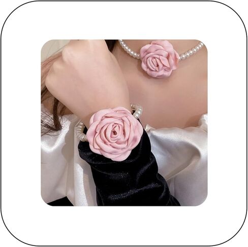 Vintage Imitation Pearl Bracelet with Rose Flower Charm Dainty Pearl Wrist Band Boho Rose Hand Accessories for Women Bridal Wedding Prom Festival in Kuwait