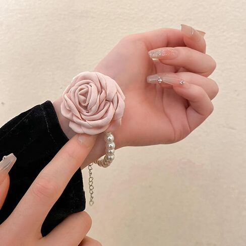 Vintage Imitation Pearl Bracelet with Rose Flower Charm Dainty Pearl Wrist Band Boho Rose Hand Accessories for Women Bridal Wedding Prom Festival in Kuwait