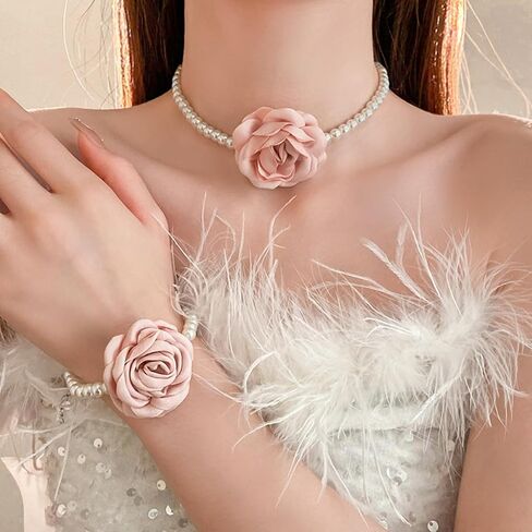 Vintage Imitation Pearl Bracelet with Rose Flower Charm Dainty Pearl Wrist Band Boho Rose Hand Accessories for Women Bridal Wedding Prom Festival in Kuwait