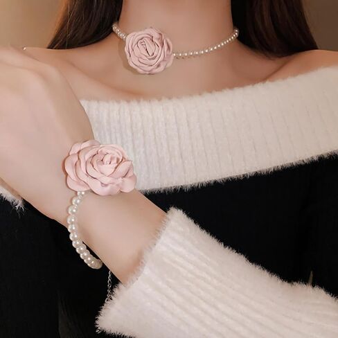 Vintage Imitation Pearl Bracelet with Rose Flower Charm Dainty Pearl Wrist Band Boho Rose Hand Accessories for Women Bridal Wedding Prom Festival in Kuwait