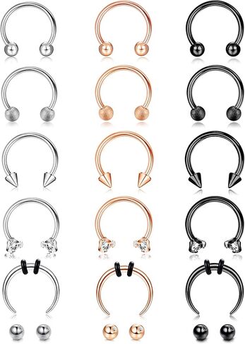 SAILIMUE 15 جهاز كمبيوتر شخصى 16G حلقات الحاجز للنساء الرجال هيبوالرجينيك الجراحية الفولاذ المقاوم للصدأ الأنف الدائري حدوة الحصان الشفاه خواتم الحاجب الحلزون Daith ثقب الحاجز مجوهرات الفضة الأسود ارتفع الذهب in Kuwait