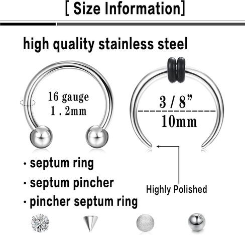 SAILIMUE 15 Pcs 16G Septum Rings For Women Men Hypoallergenic Surgical Stainless Steel Nose Ring Horseshoe Lip Rings Eyebrow Helix Daith Piercing Septum Jewelry Silver Black Rose Gold in Saudi Arabia