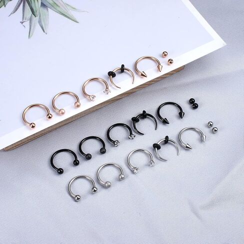 SAILIMUE 15 Pcs 16G Septum Rings For Women Men Hypoallergenic Surgical Stainless Steel Nose Ring Horseshoe Lip Rings Eyebrow Helix Daith Piercing Septum Jewelry Silver Black Rose Gold in Saudi Arabia