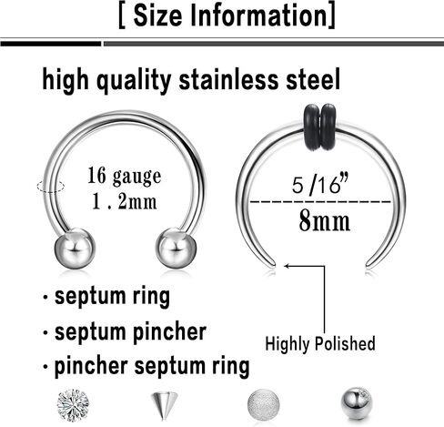 SAILIMUE 15 جهاز كمبيوتر شخصى 16G حلقات الحاجز للنساء الرجال هيبوالرجينيك الجراحية الفولاذ المقاوم للصدأ الأنف الدائري حدوة الحصان الشفاه خواتم الحاجب الحلزون Daith ثقب الحاجز مجوهرات الفضة الأسود ارتفع الذهب in Kuwait