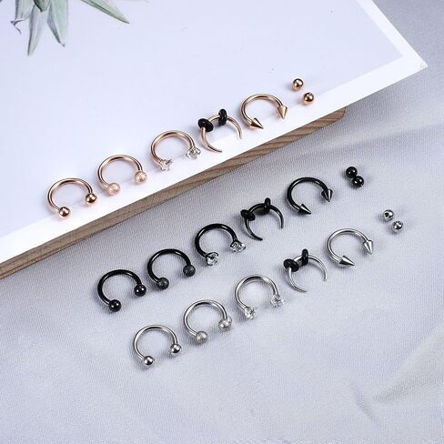 SAILIMUE 15 جهاز كمبيوتر شخصى 16G حلقات الحاجز للنساء الرجال هيبوالرجينيك الجراحية الفولاذ المقاوم للصدأ الأنف الدائري حدوة الحصان الشفاه خواتم الحاجب الحلزون Daith ثقب الحاجز مجوهرات الفضة الأسود ارتفع الذهب in Kuwait