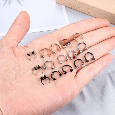 SAILIMUE 15 جهاز كمبيوتر شخصى 16G حلقات الحاجز للنساء الرجال هيبوالرجينيك الجراحية الفولاذ المقاوم للصدأ الأنف الدائري حدوة الحصان الشفاه خواتم الحاجب الحلزون Daith ثقب الحاجز مجوهرات الفضة الأسود ارتفع الذهب in Kuwait