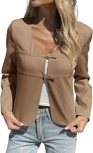 Cicy Bell Womens Cropped Blazer Jacket Long Sleeve Work Trendy Casual Tops Double Buckle Collarless Jackets in Saudi Arabia