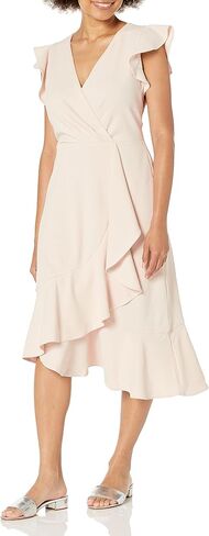 London Times Women's Feminine Ruffle Sleeve V-Neck Polished Career Crepe Wrap Dress with Asymmetrical Hem in Kuwait