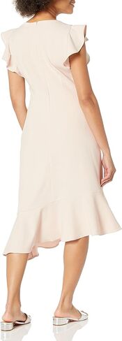 London Times Women's Feminine Ruffle Sleeve V-Neck Polished Career Crepe Wrap Dress with Asymmetrical Hem in Kuwait