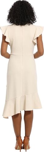 London Times Women's Feminine Ruffle Sleeve V-Neck Polished Career Crepe Wrap Dress with Asymmetrical Hem in Kuwait