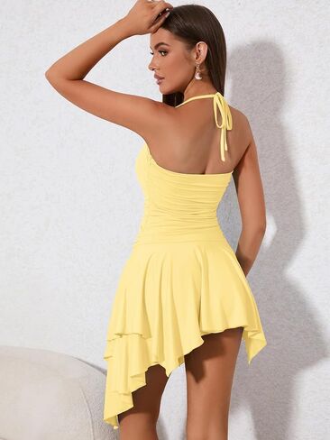 EYNMIN Women's Summer Mini Dress Bodycon Ruched Backless Halter Flowy Ruffle Party Club Short Dresses in Saudi Arabia
