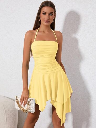 EYNMIN Women's Summer Mini Dress Bodycon Ruched Backless Halter Flowy Ruffle Party Club Short Dresses in Saudi Arabia