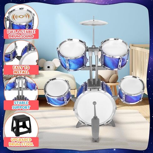 Kids Drum Set for Toddlers 1-3 Musical Jazz Drum with Stool Toys for 2-5 4-6 5-7 Boys Girls Birthday, Red in Kuwait