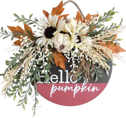 Hello Pumpkin Wreath Sign for Front Door, Artificial flower Wreath Hanging Door for Decor Indoor Outdoor, Hello Door Sign Wreath for Farmhouse Porch Fall Holiday Thanksgiving Halloween Christmas Decor in Saudi Arabia