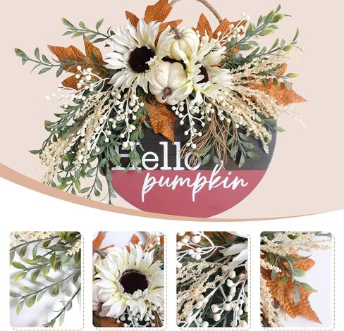 Hello Pumpkin Wreath Sign for Front Door, Artificial flower Wreath Hanging Door for Decor Indoor Outdoor, Hello Door Sign Wreath for Farmhouse Porch Fall Holiday Thanksgiving Halloween Christmas Decor in Saudi Arabia