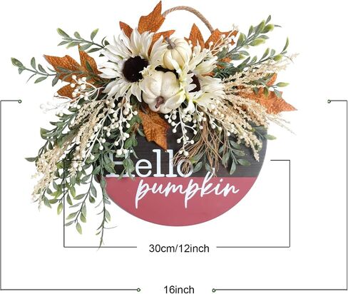 Hello Pumpkin Wreath Sign for Front Door, Artificial flower Wreath Hanging Door for Decor Indoor Outdoor, Hello Door Sign Wreath for Farmhouse Porch Fall Holiday Thanksgiving Halloween Christmas Decor in Saudi Arabia