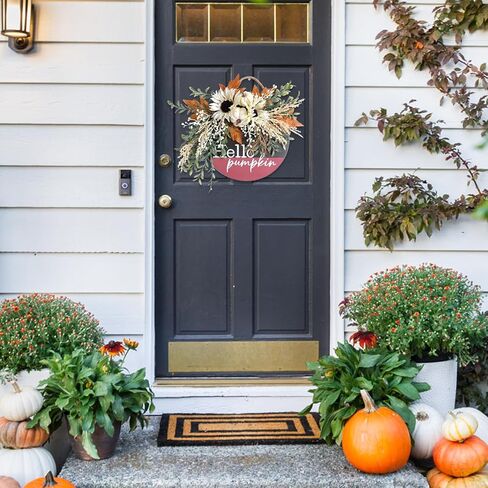 Hello Pumpkin Wreath Sign for Front Door, Artificial flower Wreath Hanging Door for Decor Indoor Outdoor, Hello Door Sign Wreath for Farmhouse Porch Fall Holiday Thanksgiving Halloween Christmas Decor in Saudi Arabia