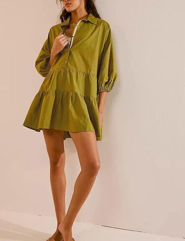 Zontroldy Women's Oversized Casual Collared Babydoll Mini Dresses Puff Sleeve A-line Tiered Shirt Tunic Dress in Kuwait