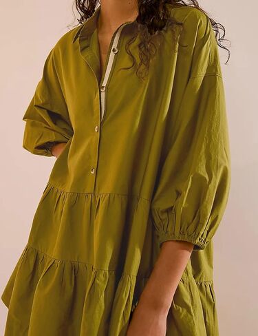 Zontroldy Women's Oversized Casual Collared Babydoll Mini Dresses Puff Sleeve A-line Tiered Shirt Tunic Dress in Kuwait