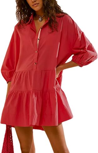 Zontroldy Women's Oversized Casual Collared Babydoll Mini Dresses Puff Sleeve A-line Tiered Shirt Tunic Dress in Kuwait
