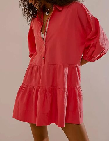 Zontroldy Women's Oversized Casual Collared Babydoll Mini Dresses Puff Sleeve A-line Tiered Shirt Tunic Dress in Kuwait