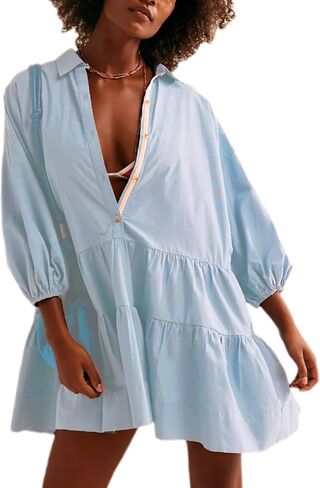 Zontroldy Women's Oversized Casual Collared Babydoll Mini Dresses Puff Sleeve A-line Tiered Shirt Tunic Dress in Kuwait