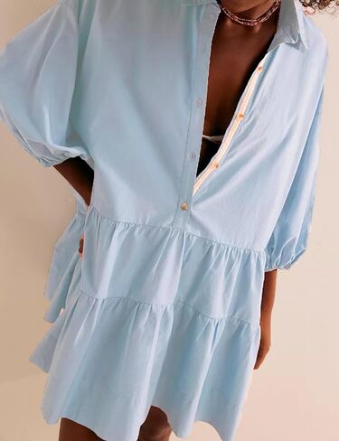 Zontroldy Women's Oversized Casual Collared Babydoll Mini Dresses Puff Sleeve A-line Tiered Shirt Tunic Dress in Kuwait