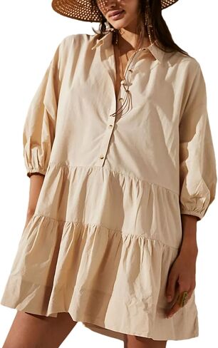 Zontroldy Women's Oversized Casual Collared Babydoll Mini Dresses Puff Sleeve A-line Tiered Shirt Tunic Dress in Kuwait