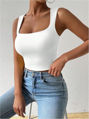 SHENHE Women's Square Neck Tank Wide Strap Fitted Simple Casual Summer Crop Tank Top in Saudi Arabia