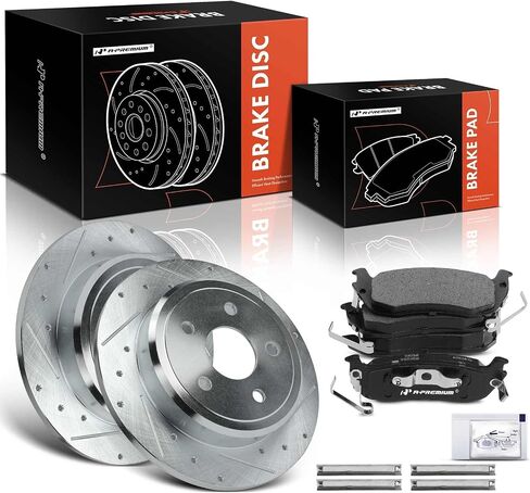 A-Premium 12.60 inch (320.00mm) Rear Drilled and Slotted Disc Brake Rotors + Ceramic Pads Kit Compatible with Select Jeep Models - Grand Cherokee 2005-2010, Commander 2006-2010, 6-PC Set in Saudi Arabia