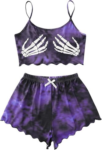WDIRARA Women's Plus Size Two Piece Goth Print Pajama Set Lettuce Trim Bow Front Cami Sleepwear in Saudi Arabia