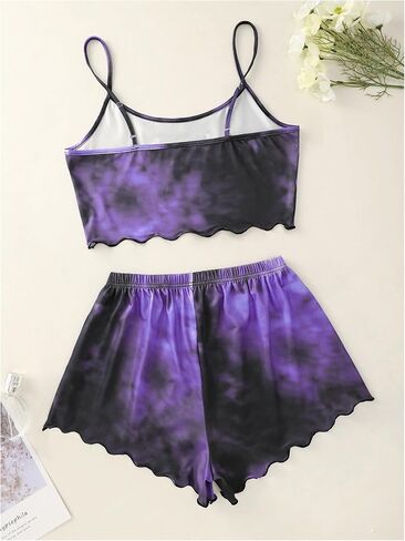 WDIRARA Women's Plus Size Two Piece Goth Print Pajama Set Lettuce Trim Bow Front Cami Sleepwear in Saudi Arabia