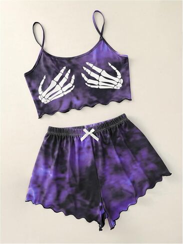 WDIRARA Women's Plus Size Two Piece Goth Print Pajama Set Lettuce Trim Bow Front Cami Sleepwear in Saudi Arabia