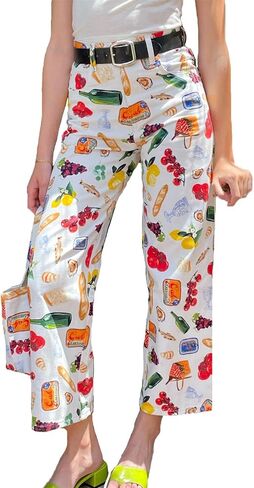 Alyweatry Women BUON Appetito Print Jeans High Waist Straight Leg Summer Fruit Tapas Print Denim Pants in Kuwait