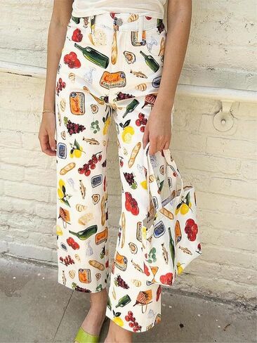 Alyweatry Women BUON Appetito Print Jeans High Waist Straight Leg Summer Fruit Tapas Print Denim Pants in Kuwait