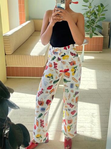 Alyweatry Women BUON Appetito Print Jeans High Waist Straight Leg Summer Fruit Tapas Print Denim Pants in Kuwait