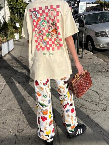 Alyweatry Women BUON Appetito Print Jeans High Waist Straight Leg Summer Fruit Tapas Print Denim Pants in Kuwait