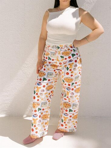 Alyweatry Women BUON Appetito Print Jeans High Waist Straight Leg Summer Fruit Tapas Print Denim Pants in Kuwait