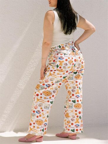 Alyweatry Women BUON Appetito Print Jeans High Waist Straight Leg Summer Fruit Tapas Print Denim Pants in Kuwait