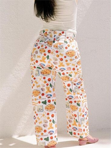 Alyweatry Women BUON Appetito Print Jeans High Waist Straight Leg Summer Fruit Tapas Print Denim Pants in Kuwait
