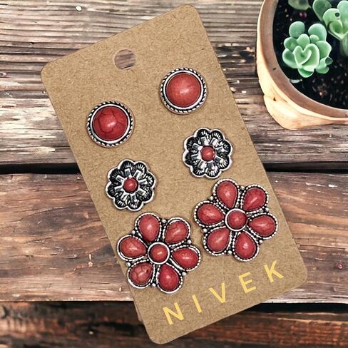 مجموعة NIVEK مكونة من 3 أقراط مرصعة باللون الفيروزي المرجاني فضية بلمسة نهائية عتيقة من زهرة بوهو الغربية المستديرة البوهيمية الجنوبية الغربية in Kuwait