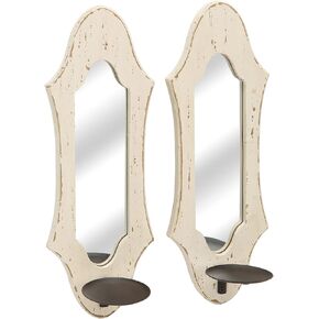 NIKKY HOME Farmhouse Candle Sconces Wall Decor Set of 2, Rustic Wooden Hanging Candle Holders, Antique Mirror Wall Art Decorations for Living Room, Bathroom, Dining Room and Office - Distressed White