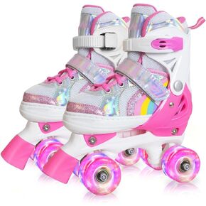 Nattork Roller Skates for Girls Kids Toddler, 4 Sizes Adjustable Rainbow Quad Skates with Light up Wheels,Best Gift for Kids Beginners