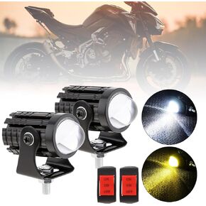 2pcs LED Waterproof Motorcycle Headlight with Switch, Yellow White Dual Color Hi/Lo Beam Spotlight for Motorcycle, 8V - 80V 2400LM 3000K-6000K Aux Spotlight