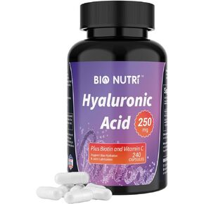 BIO NUTRI Hyaluronic Acid Supplements 250mg | 240 Capsules | with Vitamin C & Biotin, Hyaluronic Acid Capsule Support Skin Hydration, Joint Lubrication, Hair, Nail and Eye Health