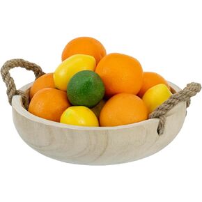 MyGift 11 Inch Handmade Fruit Bowl Made with Natural Paulownia Wood, Decorative Round Wooden Serving Bowl with Rustic Rope Handles, Tabletop Centerpiece Home Décor