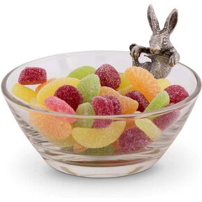 Vagabond House Glass Dip/Candy/Snack Bowl With Pewter Climbing Bunny Candy Dish 5 Inch Diameter 3.5 Inch Tall - Perfect Dishes For Easter - Easy Care