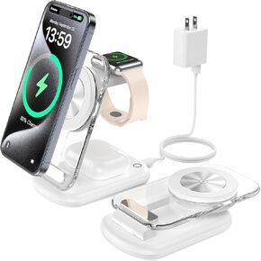 3 in 1 Magnetic Wireless Charging Station for Apple Devices, Fast Foldable Travel Mag-Safe Charger Stand with Night Light for iPhone 15 14 13 12 Series, Apple Watch/AirPods Pro
