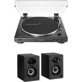 مجموعة أقراص ستيريو أوتوماتيكية بالكامل تعمل بالحزام من Audio-Technica AT-LP60X (أسود) مع شاشات استوديو بلوتوث - زوج (عنصران) in Kuwait