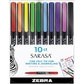 Zebra Sarasa Fineliner Pens, Needle Point, Medium Point, 0.8 mm, Assorted Colors, Pack Of 10